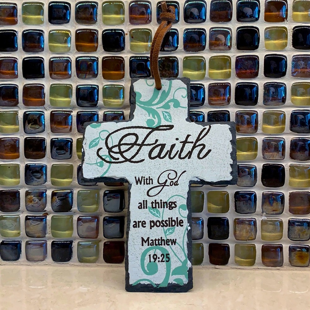 Paper applied to slate wall hanging, Matthew 19:25